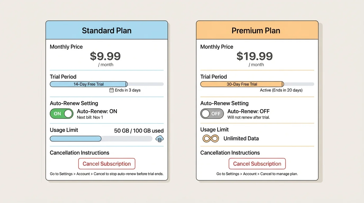 Side-by-side service information panel showing monthly price, trial period, auto-renew setting, usage limit, and cancellation instructions