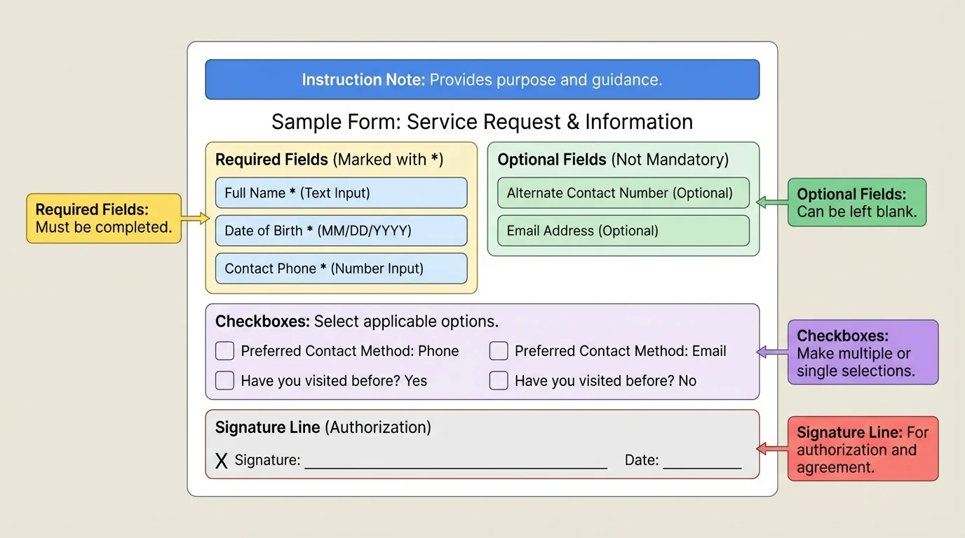 Labeled example of an everyday form showing required fields, optional fields, checkboxes, signature line, and instruction note