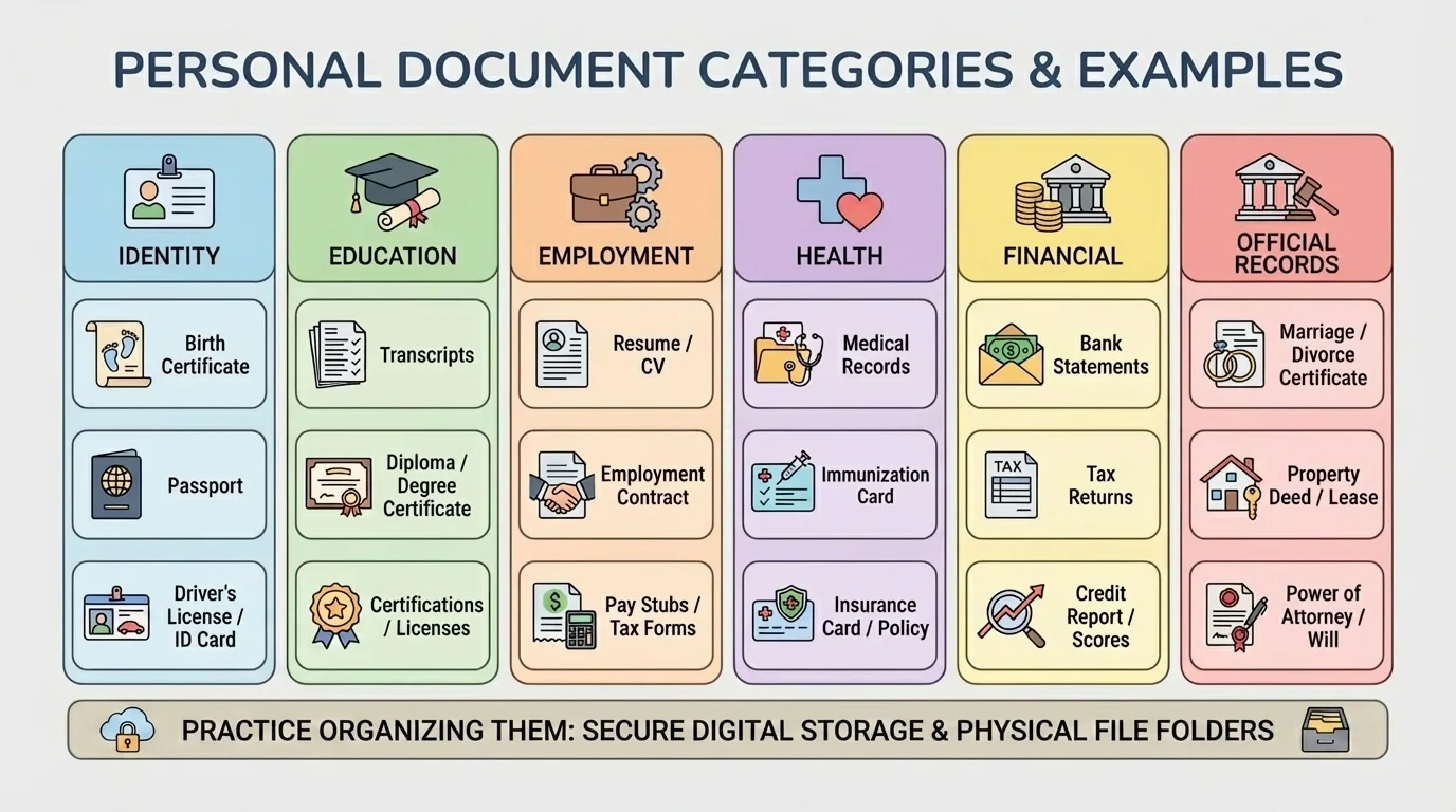 chart showing document categories: identity, education, employment, health, financial, and official records with 2–3 examples each