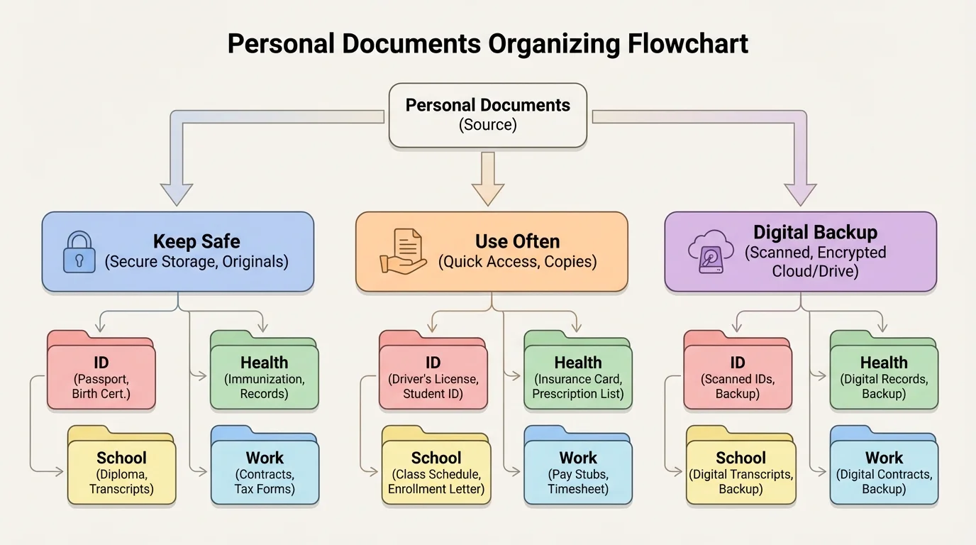 flowchart showing sorting personal documents into Keep Safe, Use Often, and Digital Backup, with subfolders for school, work, health, and ID