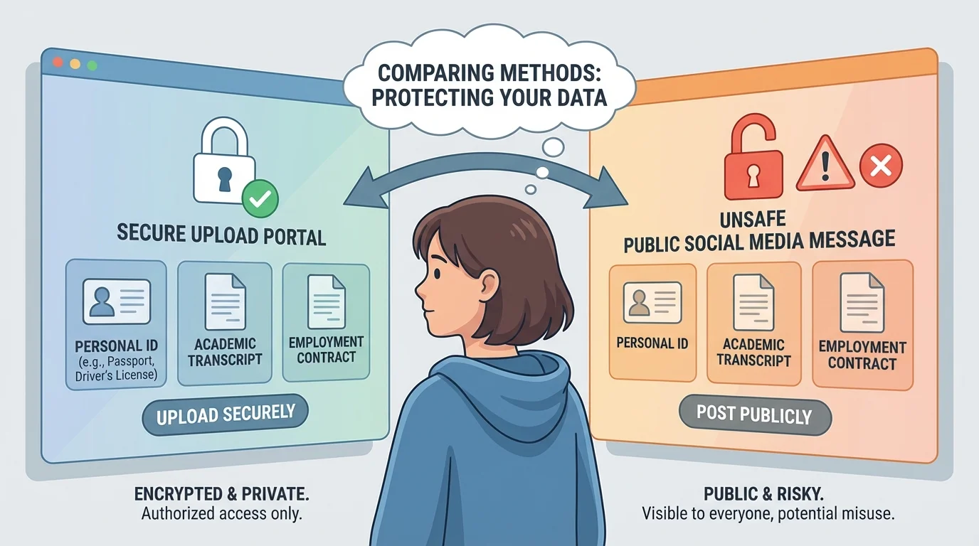 illustration of a student comparing a secure upload portal and an unsafe public social media message, with lock icon and warning signs