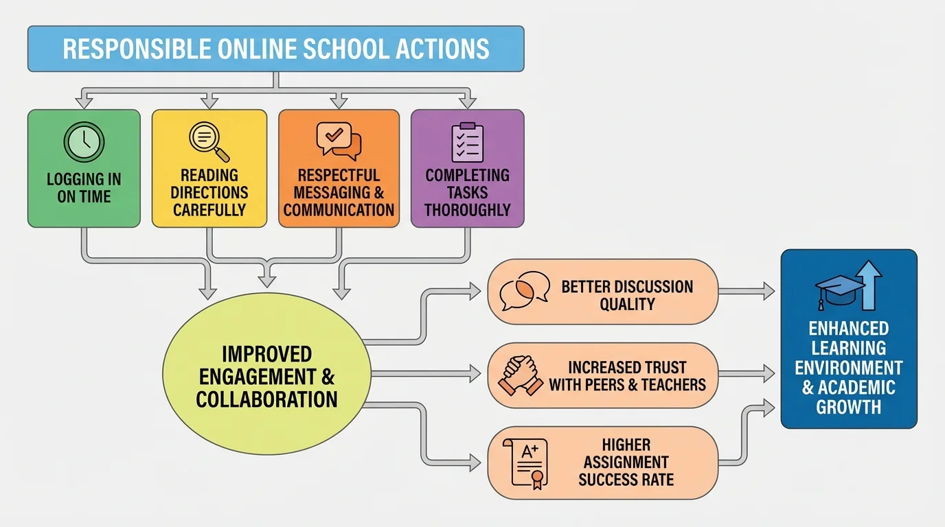 Flowchart showing responsible online school actions such as logging in on time, reading directions, respectful messaging, and completing tasks leading to better discussion, trust, and assignment success