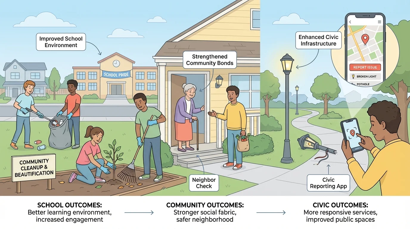 Illustration of a teen helping in a community cleanup, checking on a neighbor, and reporting a broken park light using a phone app in a neighborhood setting