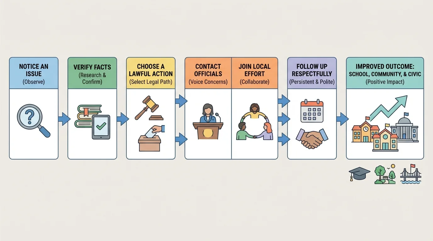 Flowchart showing civic action steps: notice an issue, verify facts, choose a lawful action, contact officials or join a local effort, and follow up respectfully