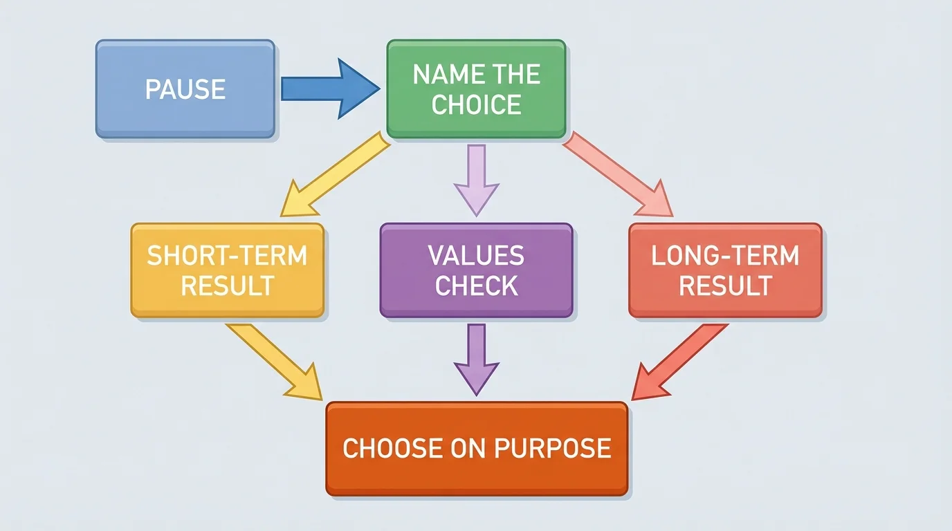 decision-making flowchart with boxes labeled Pause, Name the Choice, Short-Term Result, Long-Term Result, Values Check, Choose on Purpose connected by arrows