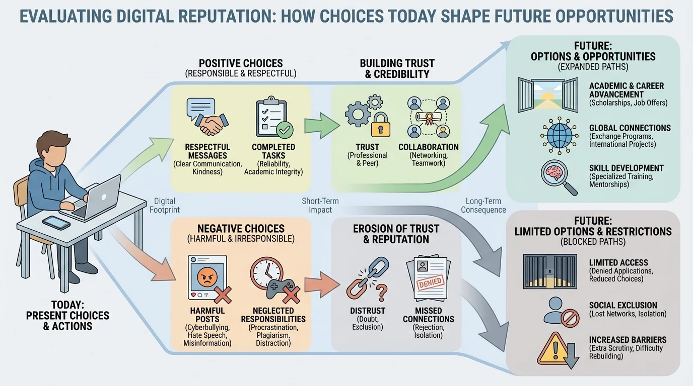 digital reputation scene showing a student using a laptop and phone, with icons for respectful messages, completed tasks, harmful posts crossed out, and arrows leading to trust and opportunities