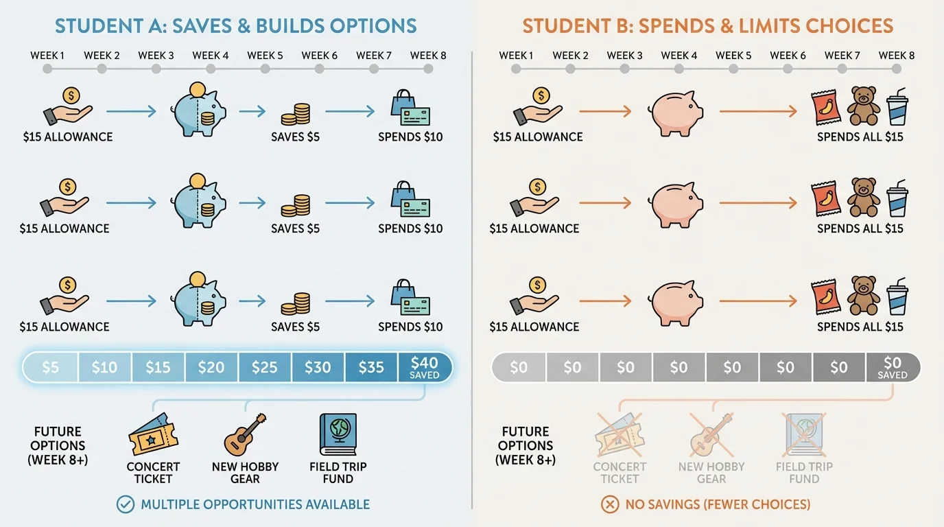 side-by-side comparison chart of two students over eight weeks, one saves part of weekly money and builds options, the other spends all money and has no savings for future choices