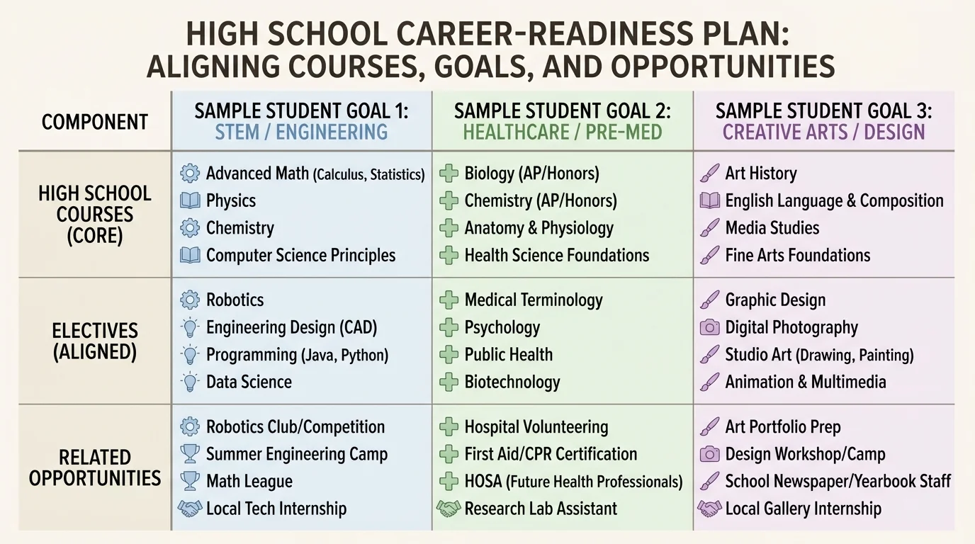 chart comparing three sample student goals with aligned high school courses, electives, and related opportunities