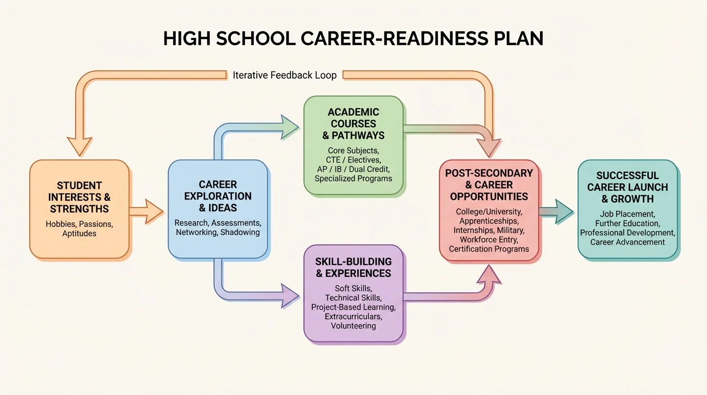 flowchart showing a student career-readiness plan linking interests to career ideas, courses, skill-building, and opportunities