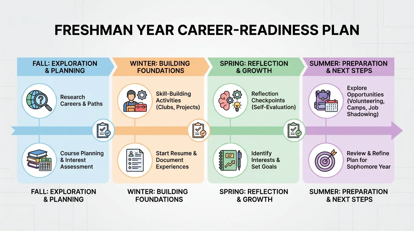 timeline showing freshman-year career-readiness actions such as research, course planning, skill-building, resume start, and reflection checkpoints