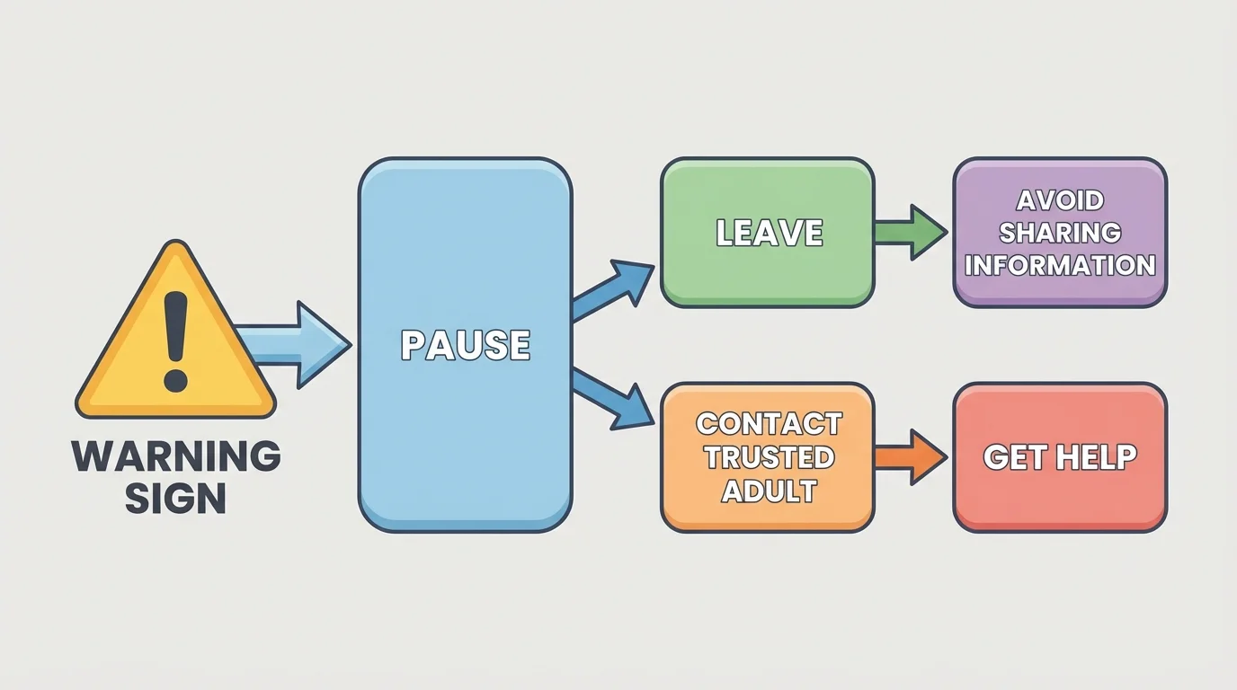 personal safety decision tree starting with warning sign, then options such as pause, leave, contact trusted adult, avoid sharing information, and get help