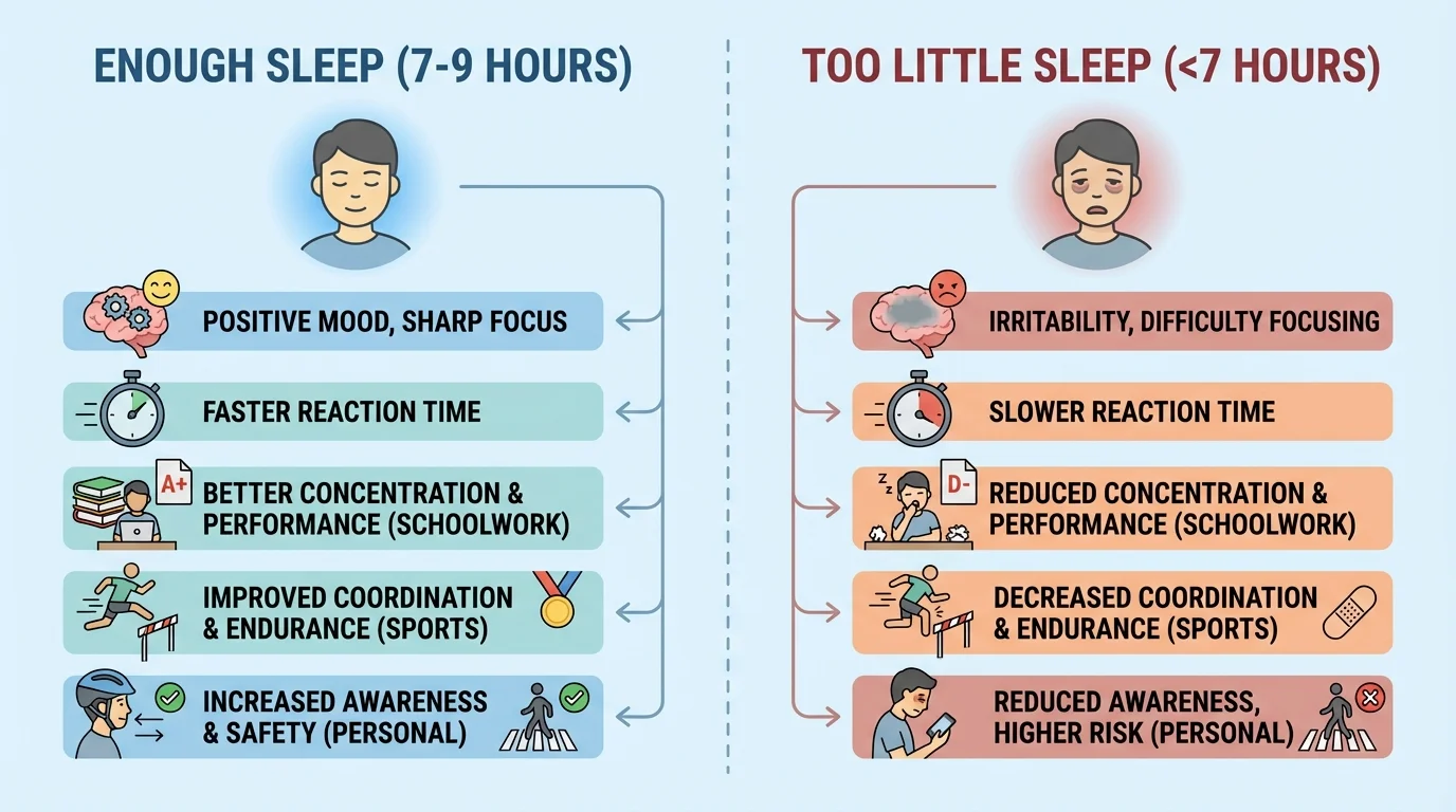 enough sleep versus too little sleep leading to differences in mood, focus, reaction time, schoolwork, sports performance, and personal safety