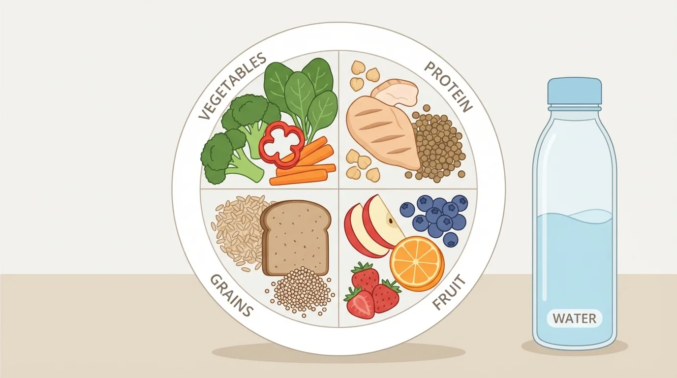 balanced meal plate with sections for vegetables, protein, grains, fruit, and a water bottle beside it
