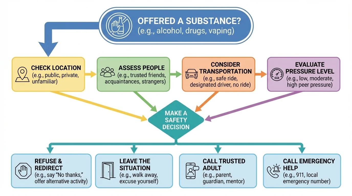 Safety decision flowchart for a social situation: offered a substance, check location, people, transportation, pressure level, and choose refuse, leave, call trusted adult, or call emergency help