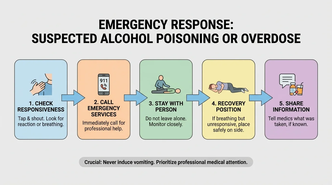 Flowchart showing what to do if a friend may have alcohol poisoning or overdose: check responsiveness, call emergency services, stay with person, recovery position, share what was taken