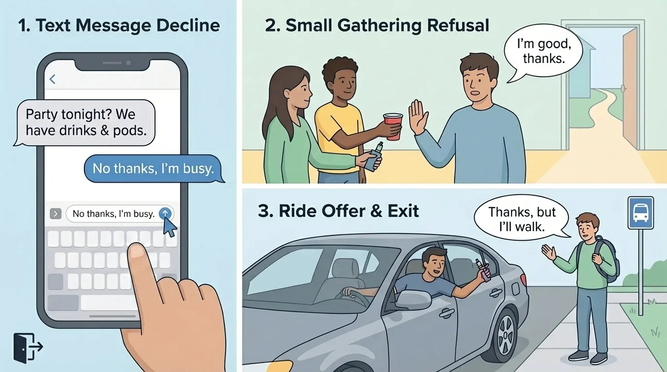 Illustration showing a teen refusing alcohol, drugs, and a vape in three settings: text message invite, small gathering, and ride offer, with calm posture and exit option