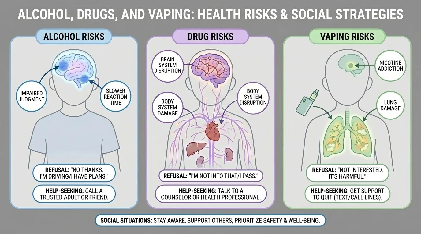 Comparison diagram of a teen body with labels showing alcohol affecting judgment and reaction time, drugs affecting brain and body systems, and vaping affecting lungs and nicotine addiction