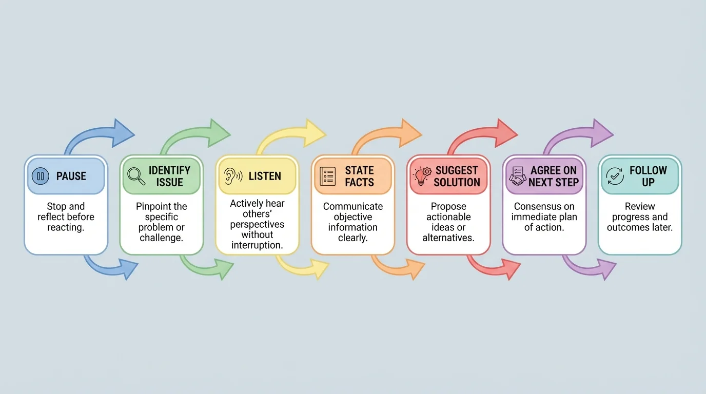 flowchart showing steps pause, identify issue, listen, state facts, suggest solution, agree on next step, and follow up