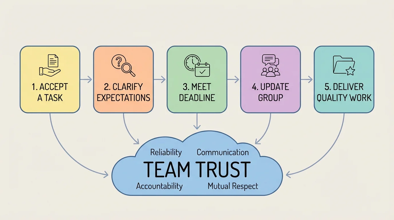 flowchart showing team trust built through accepting a task, clarifying expectations, meeting deadline, updating group, and delivering quality work