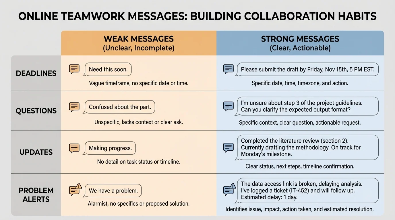 chart comparing weak messages and strong messages for deadlines, questions, updates, and problem alerts in online teamwork