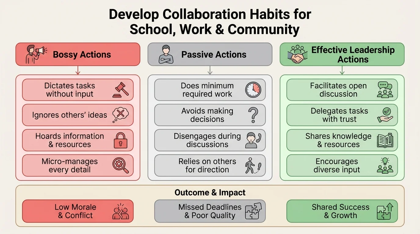 chart comparing bossy actions, passive actions, and effective leadership actions in a team project or volunteer setting