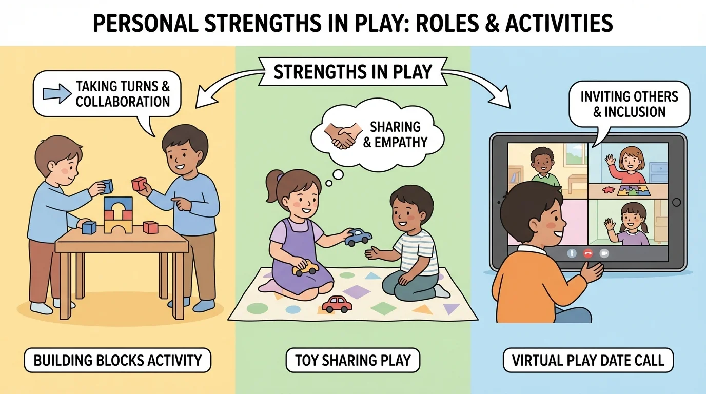children in home play spaces and on a video call showing strengths during play such as taking turns, sharing toys, building blocks, and inviting others to join