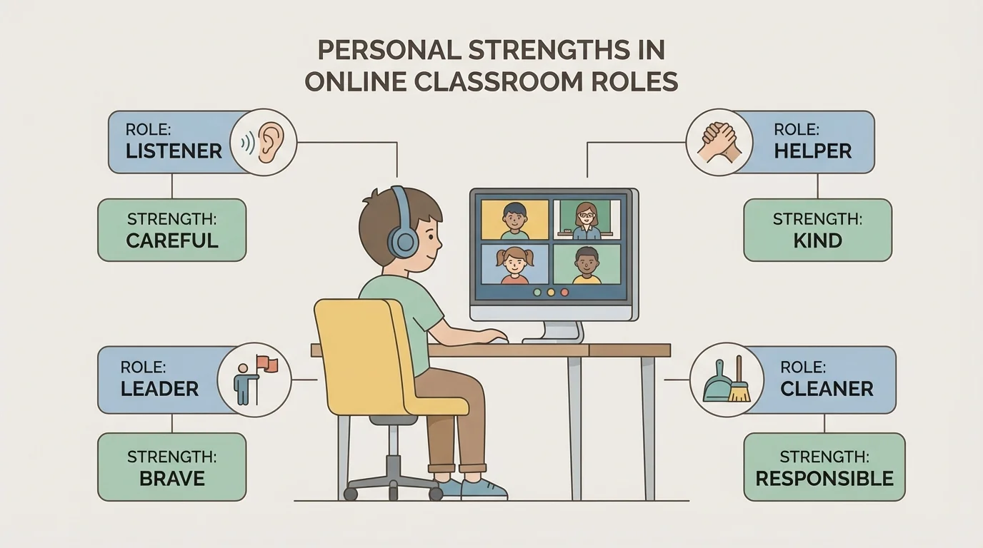 child at home computer during online learning with simple labels for roles like listener, helper, leader, cleaner, and matching strengths like kind, careful, brave, responsible