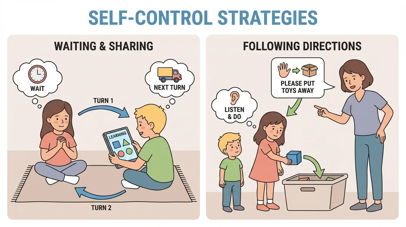 Two children at home taking turns with one toy and one tablet, with arrows showing turn-taking