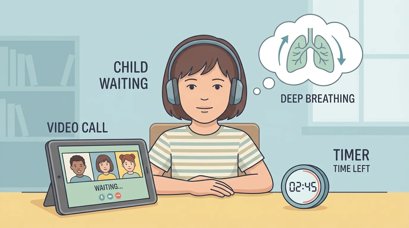 Child waiting for a turn on a video call while using deep breathing and a small timer