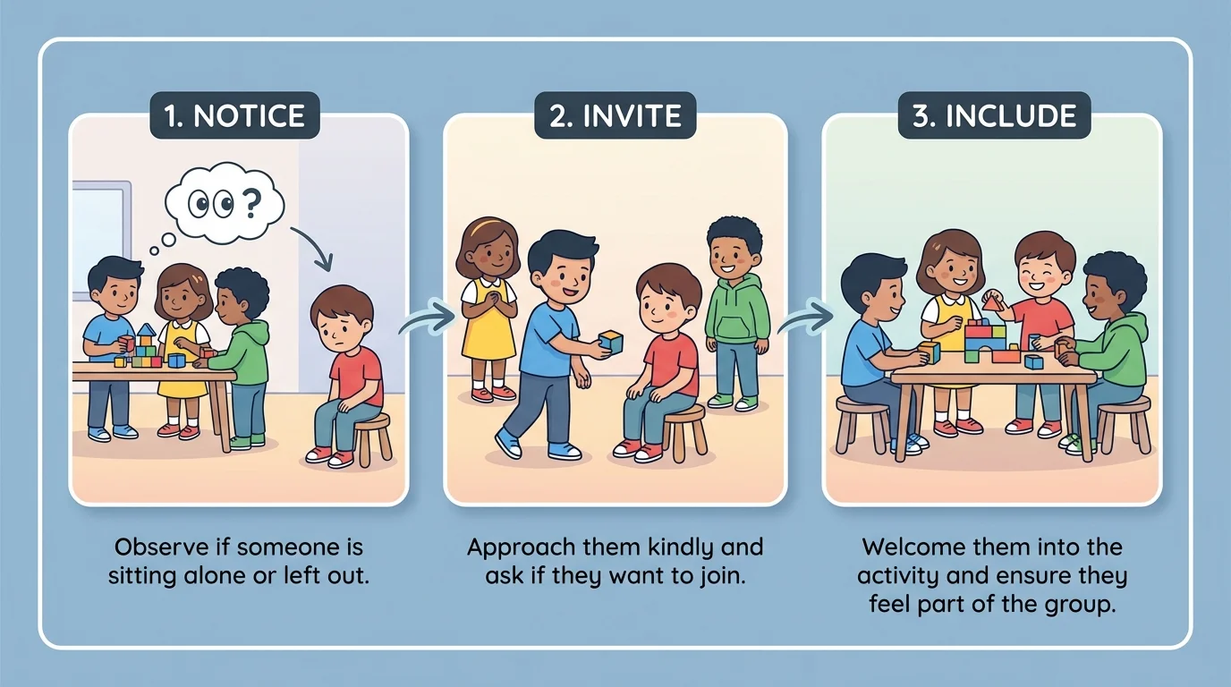 Three-panel flow of a child noticing someone alone, inviting them, and helping them join a game