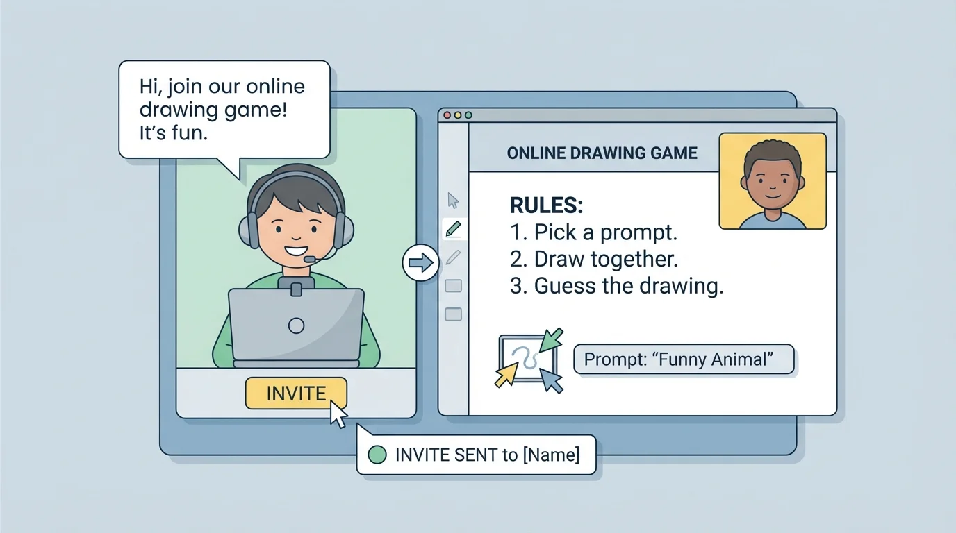 Child on a video call inviting another child to join an online drawing game and explaining the rules