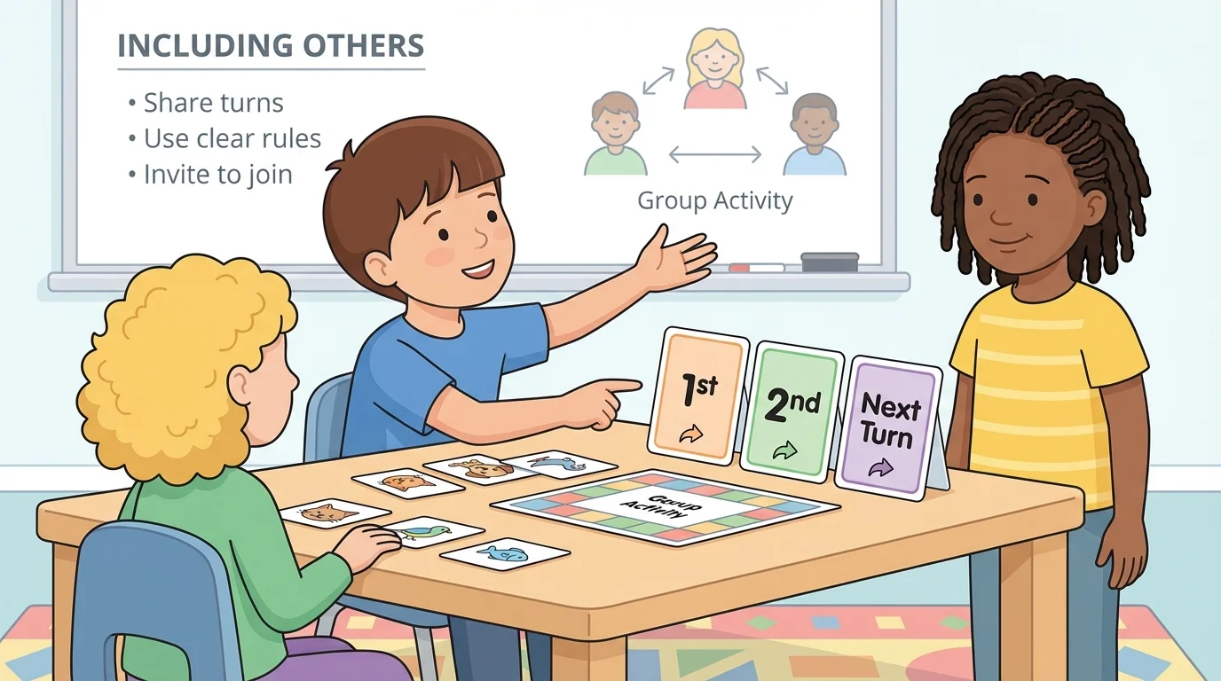 Two children playing a simple game while one welcomes a third child and points to turn order cards