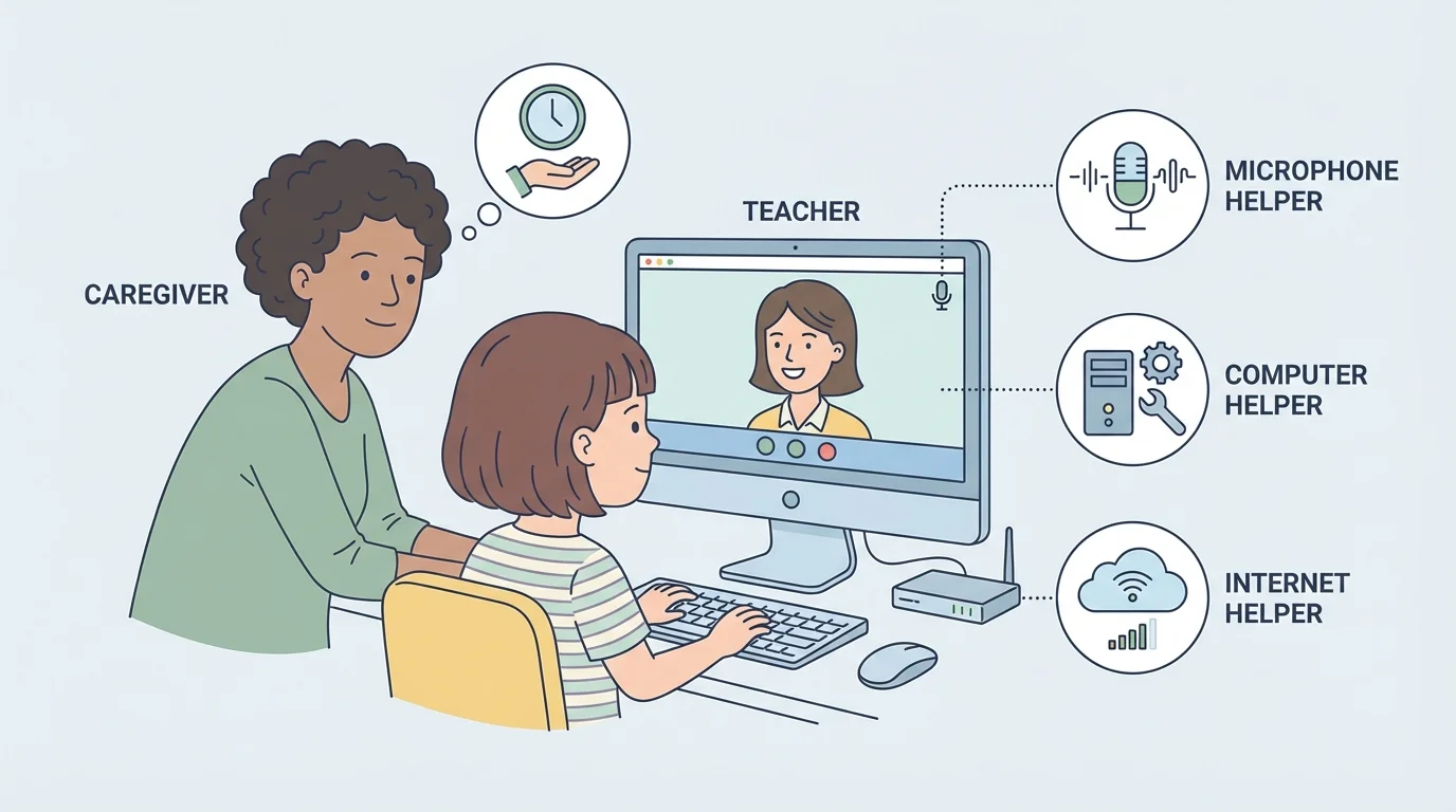 child on a video call with a teacher on screen, caregiver nearby, and simple helper icons for microphone, computer, and internet showing roles in an online class