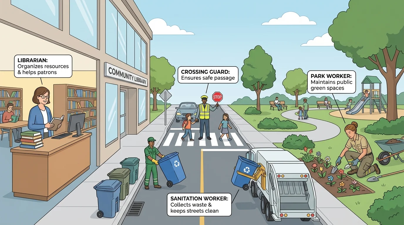 simple community scene with a library, park, and street showing a librarian, sanitation worker, crossing guard, and park worker doing their jobs