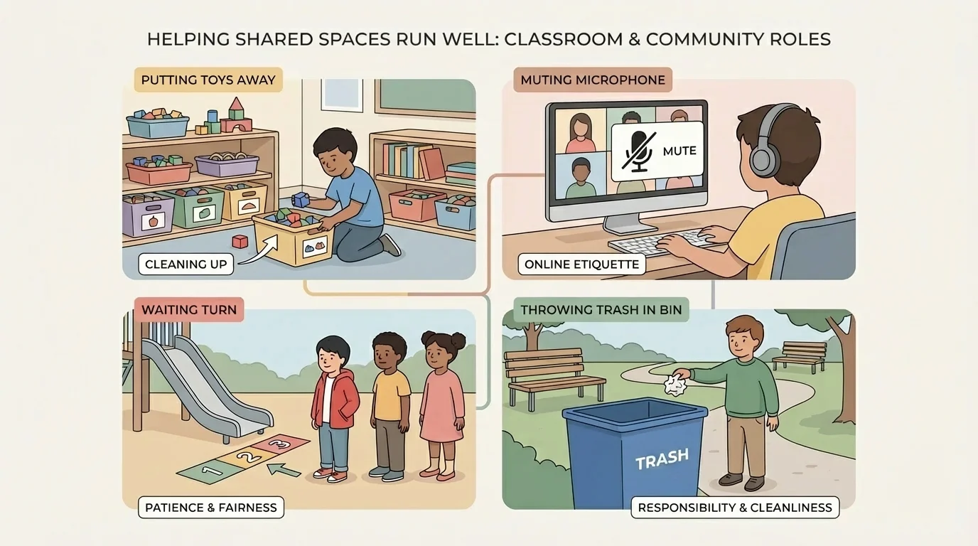 child helping in shared spaces by putting toys away, muting microphone during an online call, waiting turn, and throwing trash in a bin