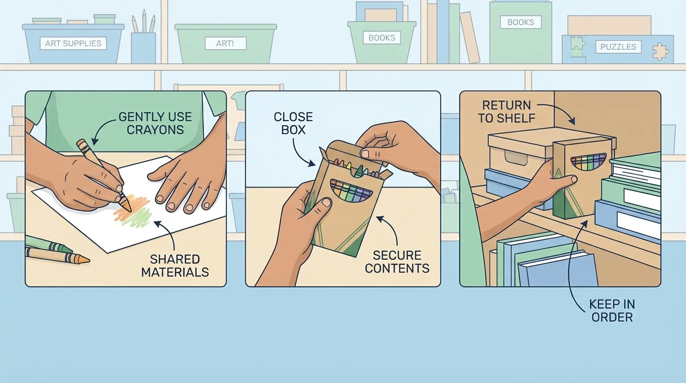 child using shared crayons gently, closing the box, and placing it back on a shelf in order