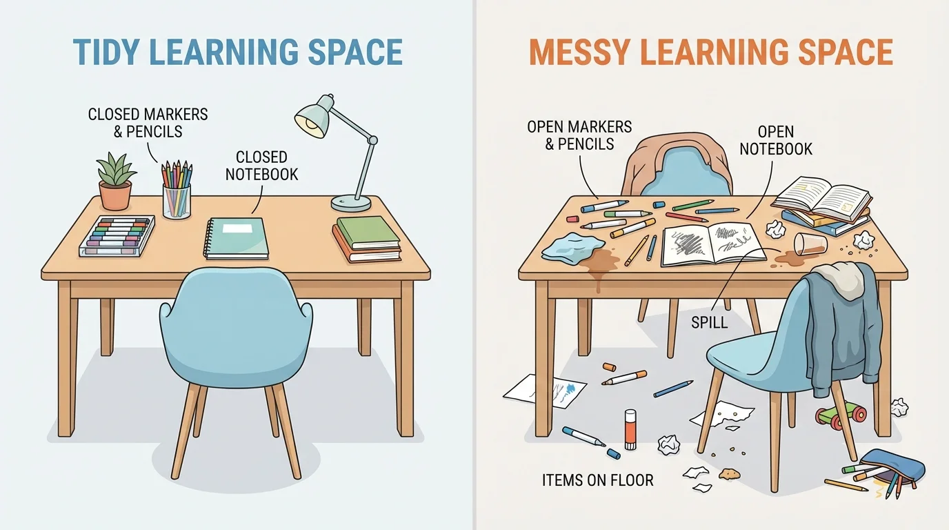 side-by-side home learning table, one tidy with closed markers and pushed-in chair, one messy with spills and items on floor
