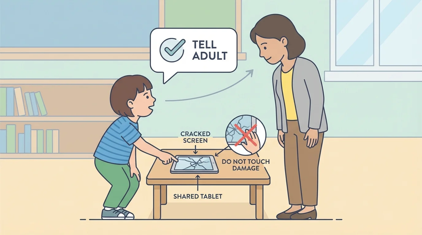 child noticing a cracked tablet screen and calmly telling an adult instead of touching the damage