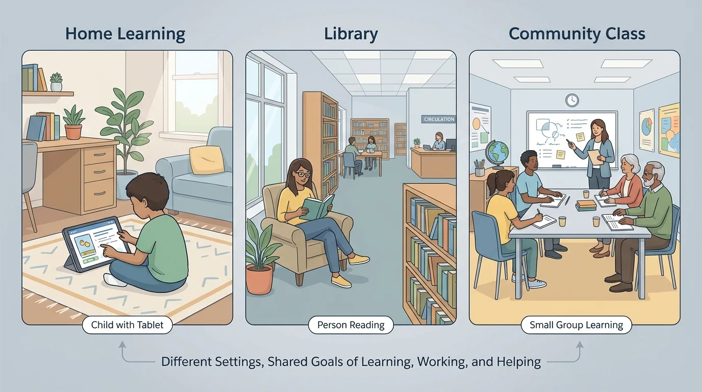 child learning on a tablet at home, another person reading in a library, and a small group learning in a community class
