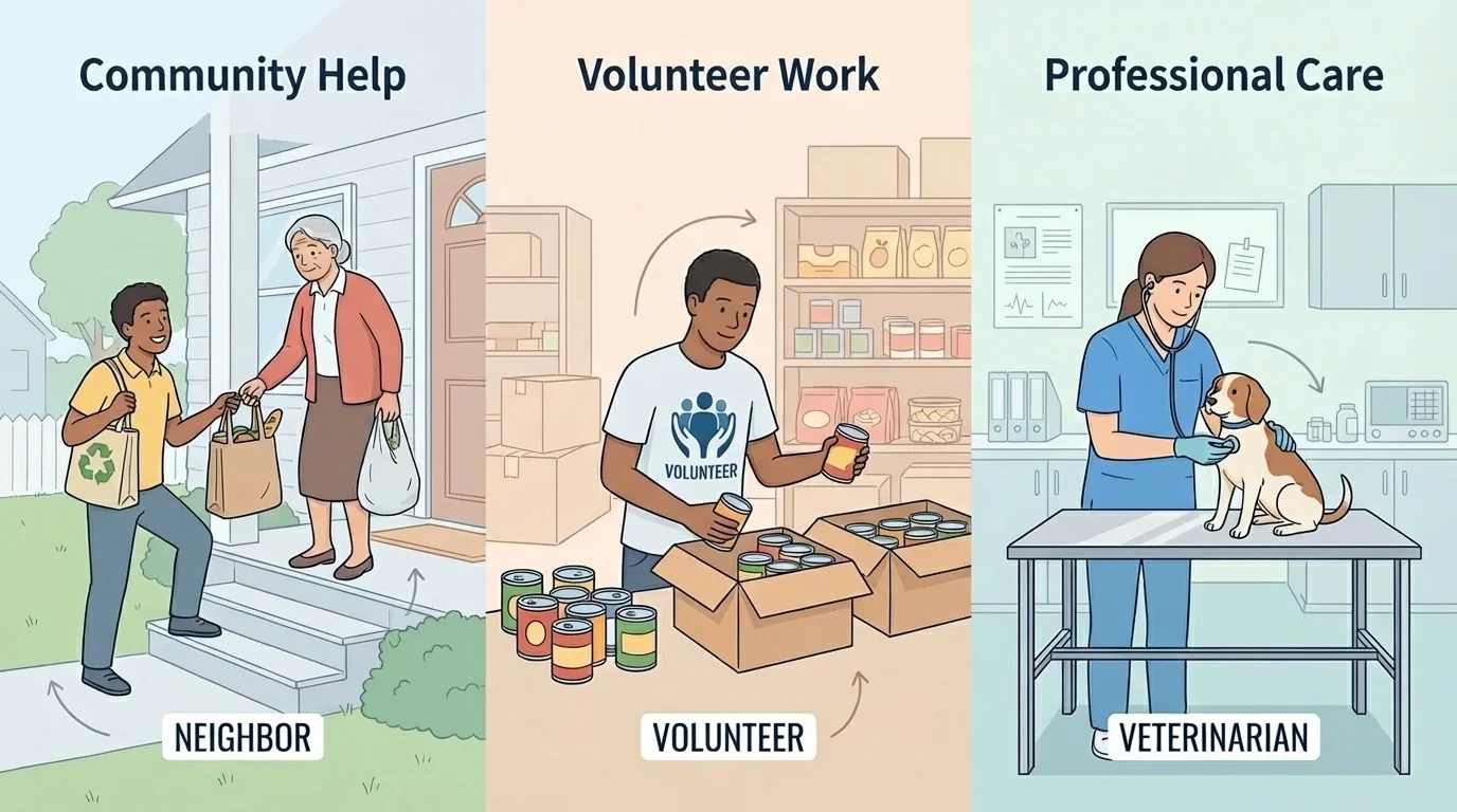 neighbor helping carry groceries, volunteer sorting food donations, and veterinarian caring for a pet in separate small scenes