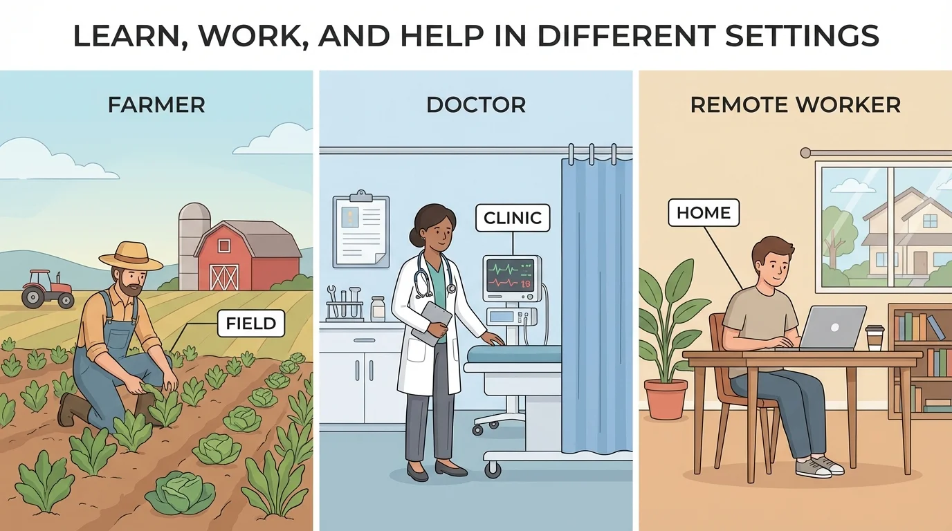 farmer in a field, doctor in a clinic, and person working on a laptop at home in a split-scene illustration