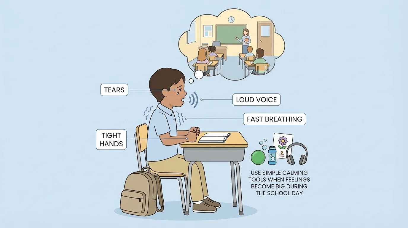 young child with simple labels for body clues like tears, tight hands, fast breathing, and loud voice