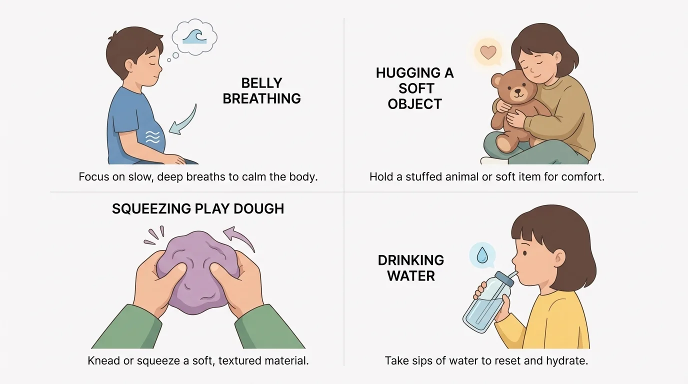 four-panel calming tools illustration showing a child doing belly breathing, hugging a stuffed animal, squeezing play dough, and drinking water