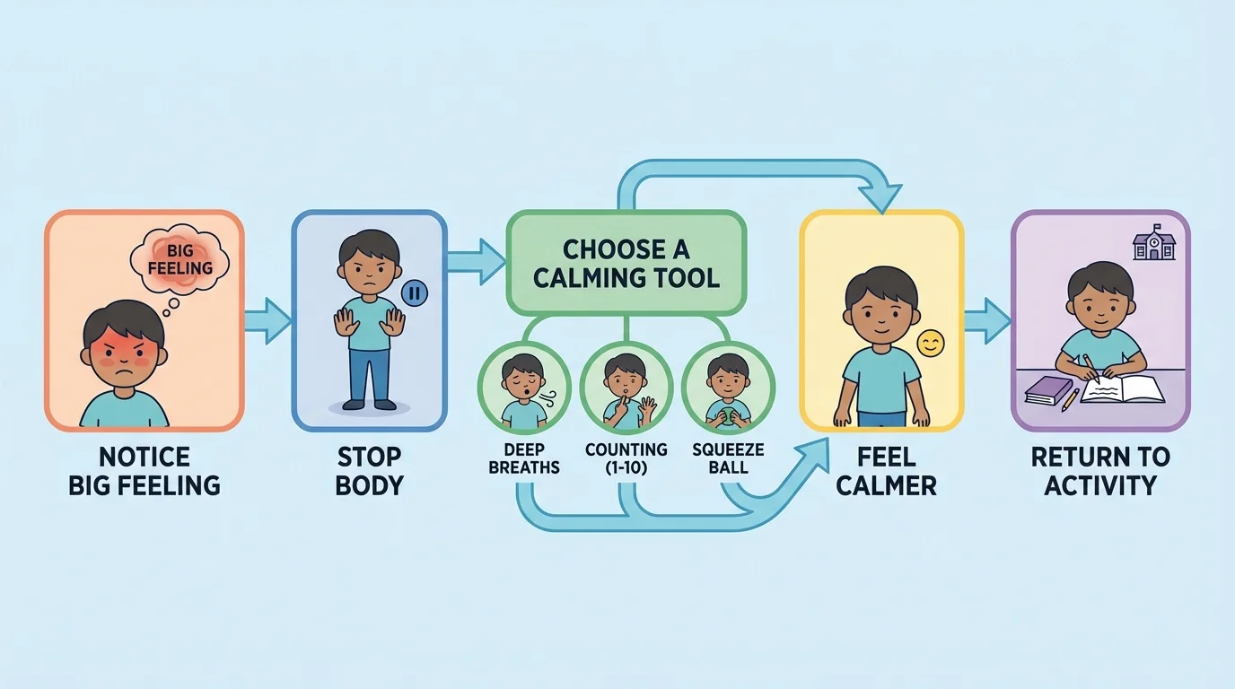 flowchart with child noticing big feeling, stopping body, choosing a calming tool, feeling calmer, and returning to activity