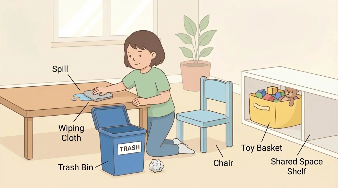 Child in a shared family room wiping a small spill, placing trash in a bin, and returning a chair and toy basket to the proper place