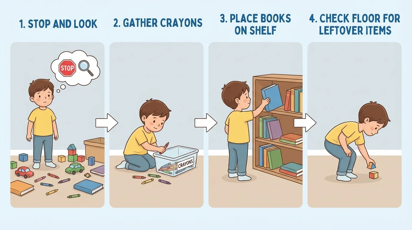 Four-step cleanup routine for a young child: stop and look, gather crayons, place books on shelf, check floor for leftover items