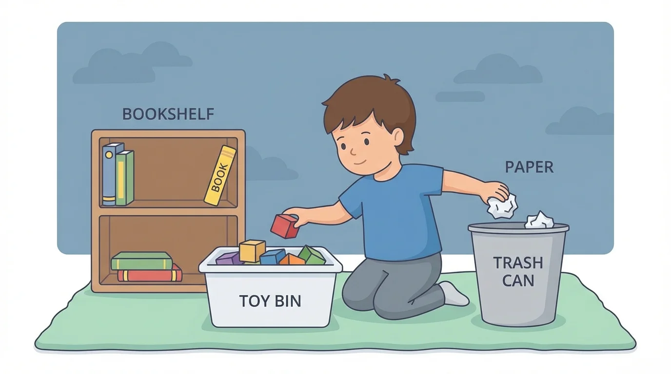 Child cleaning a play area by putting blocks in a bin, book on shelf, and paper in trash can