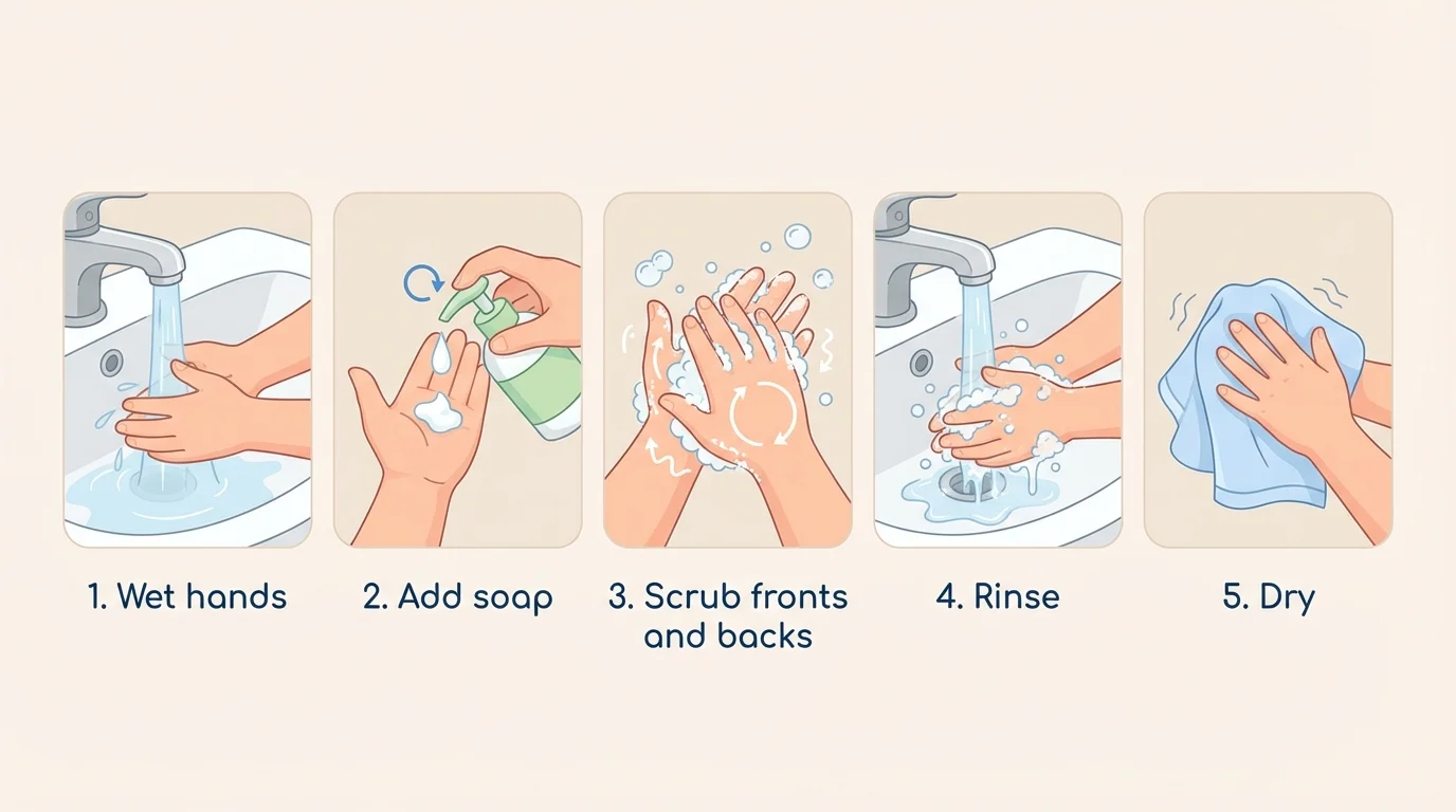 Child washing hands at sink with steps: wet hands, add soap, scrub fronts and backs, rinse, dry