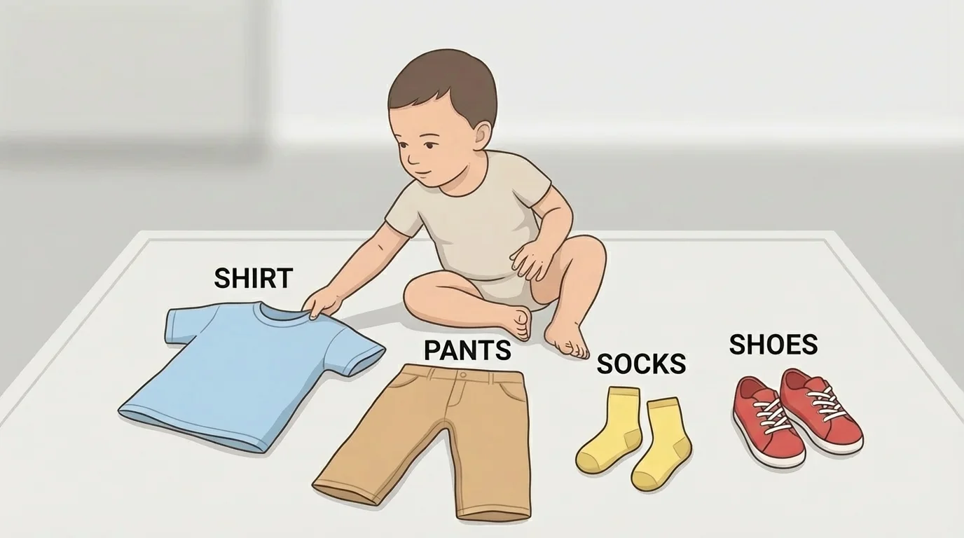Child getting dressed with shirt, pants, socks, and shoes laid out in order