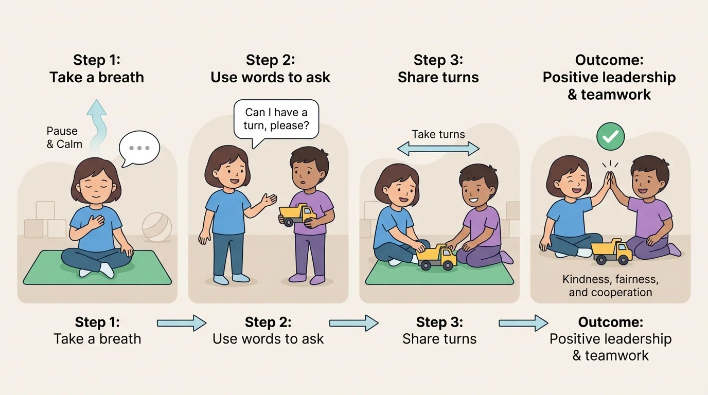 child during playtime taking a breath, then using words to ask for a turn, then sharing turns with another child and a toy